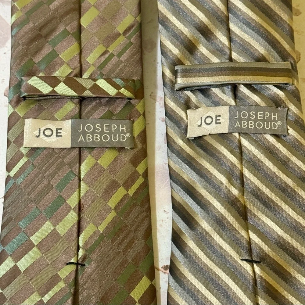 Set of 2 Joseph Abboud Mens Silk Ties Green Geometric Gold Taupe Neutral Stripes